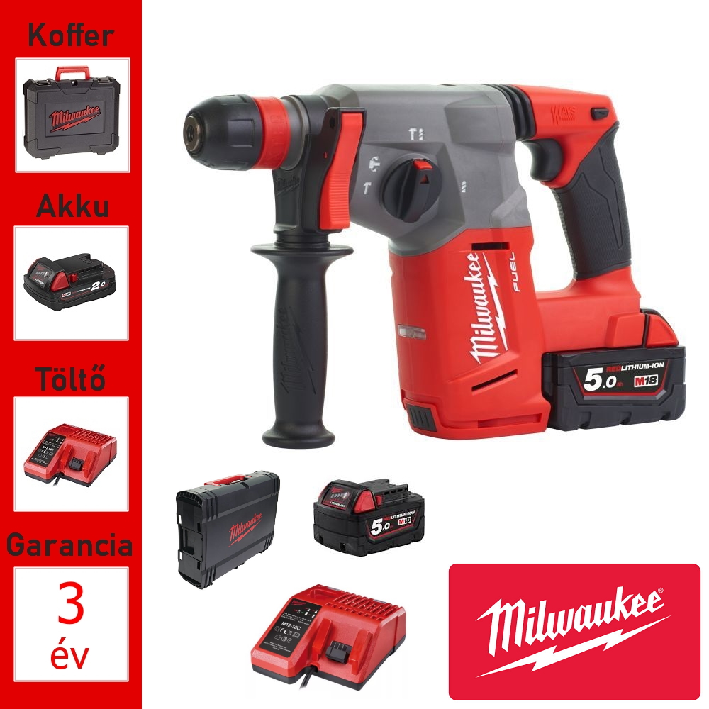 Milwaukee 18V kombikalapács géptest, 2,5J + 2 akku, töltő, koffer